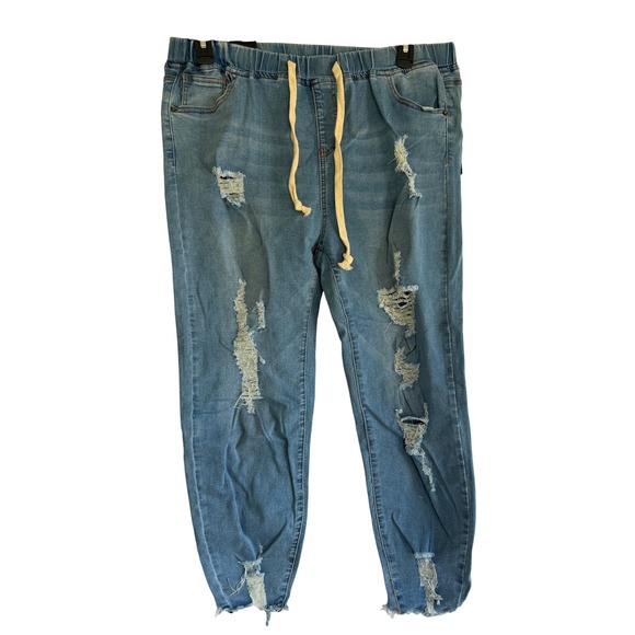 American Bazi Pants - American Bazi Womens 2X Denim Joggers Blue Distressed Elastic Waist RJJ-2819 NEW